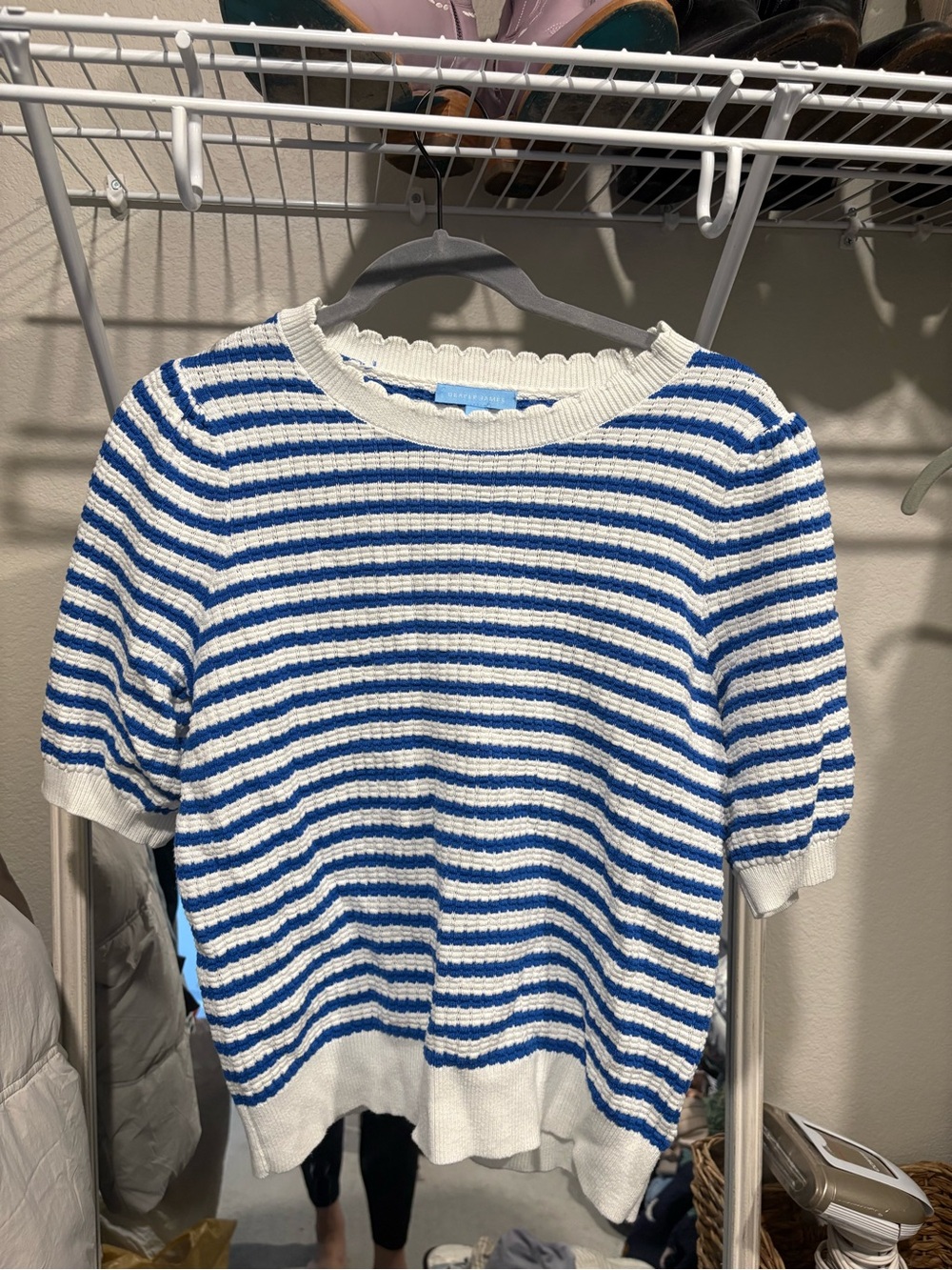 Draper James Blue and White Striped Short-Sleeve Crewneck Sweater